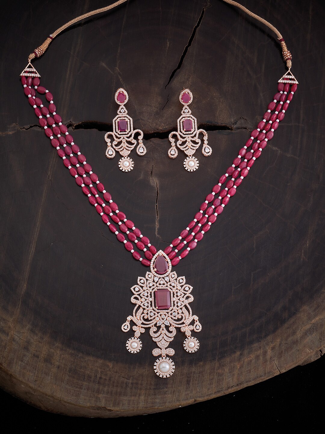 

Kushal's Fashion Jewellery Rose Gold-Plated Polish Ruby Zircon & Beads Necklace Set