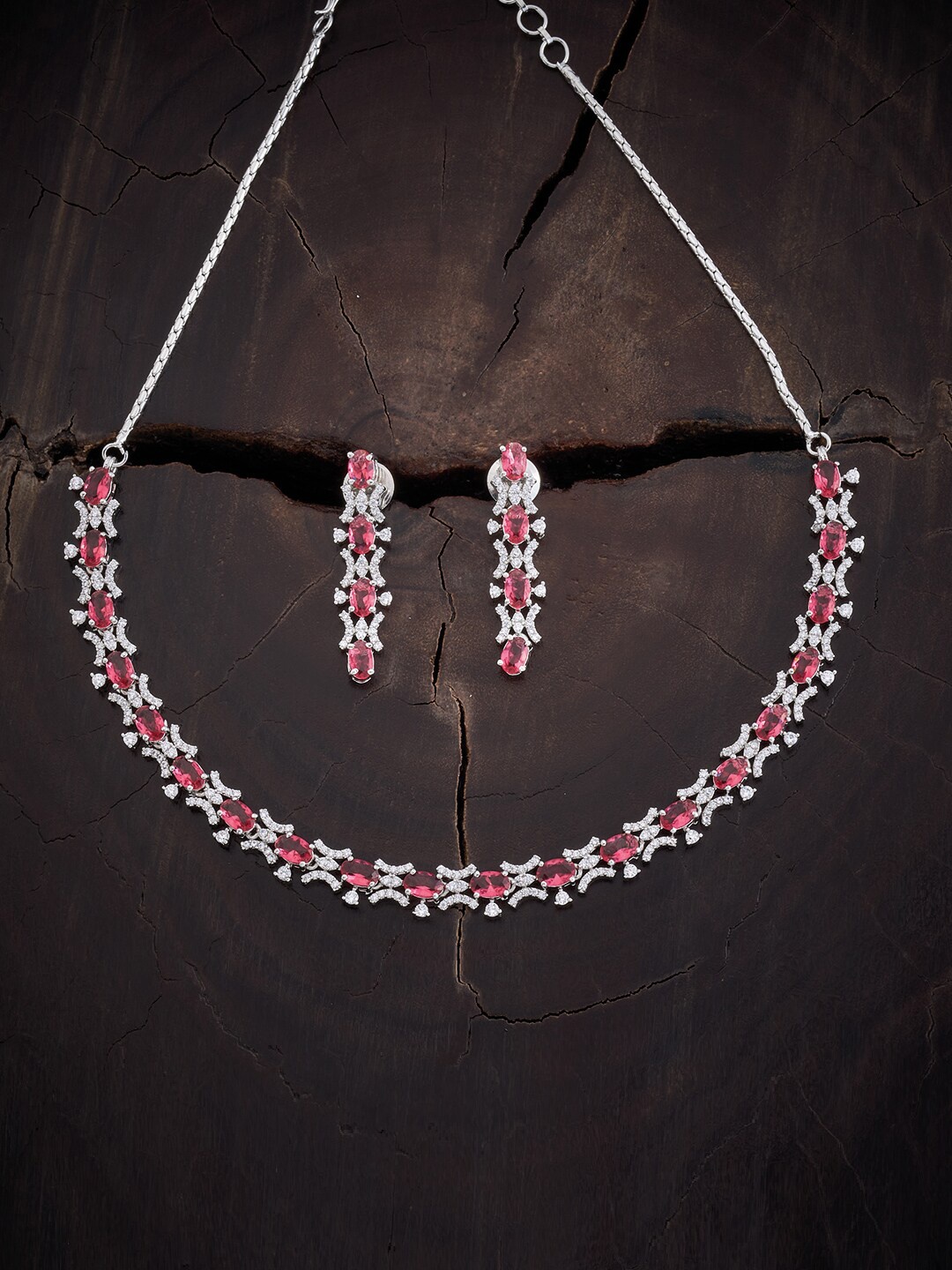 

Kushal's Fashion Jewellery Rhodium Plated Sparkling CZ & Ruby Studded Necklace Set, Red