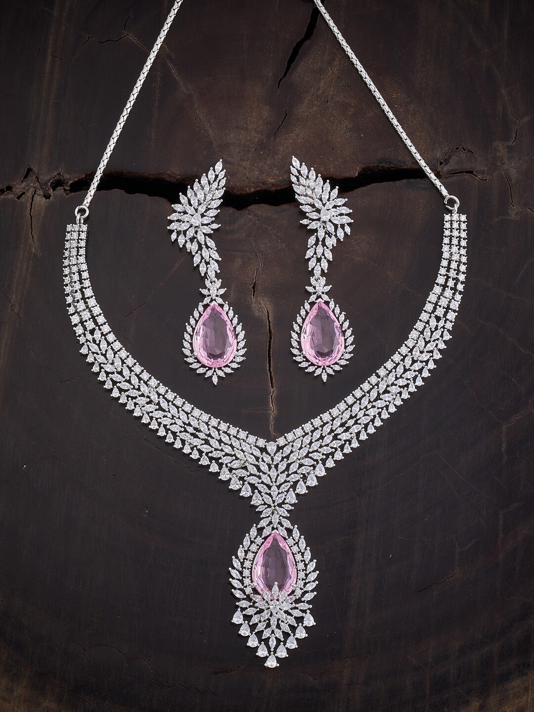 

Kushal's Fashion Jewellery Rhodium Plated CZ Necklace With Earrings, Pink