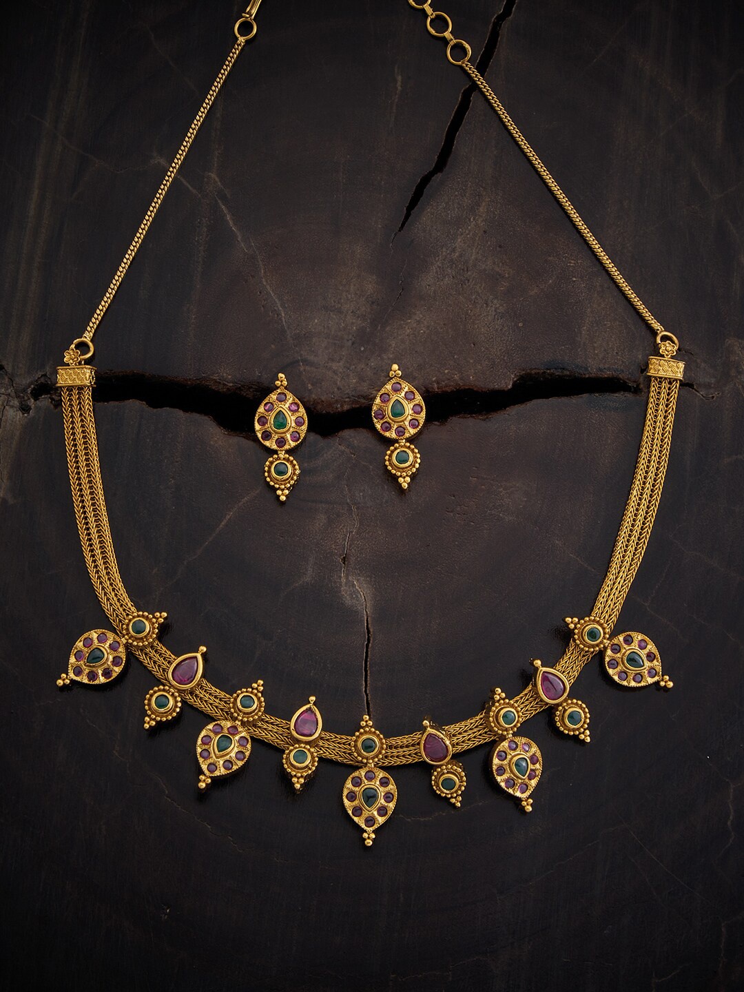 

Kushal's Fashion Jewellery Gold Plated Stone Embellished Antique Necklace Set