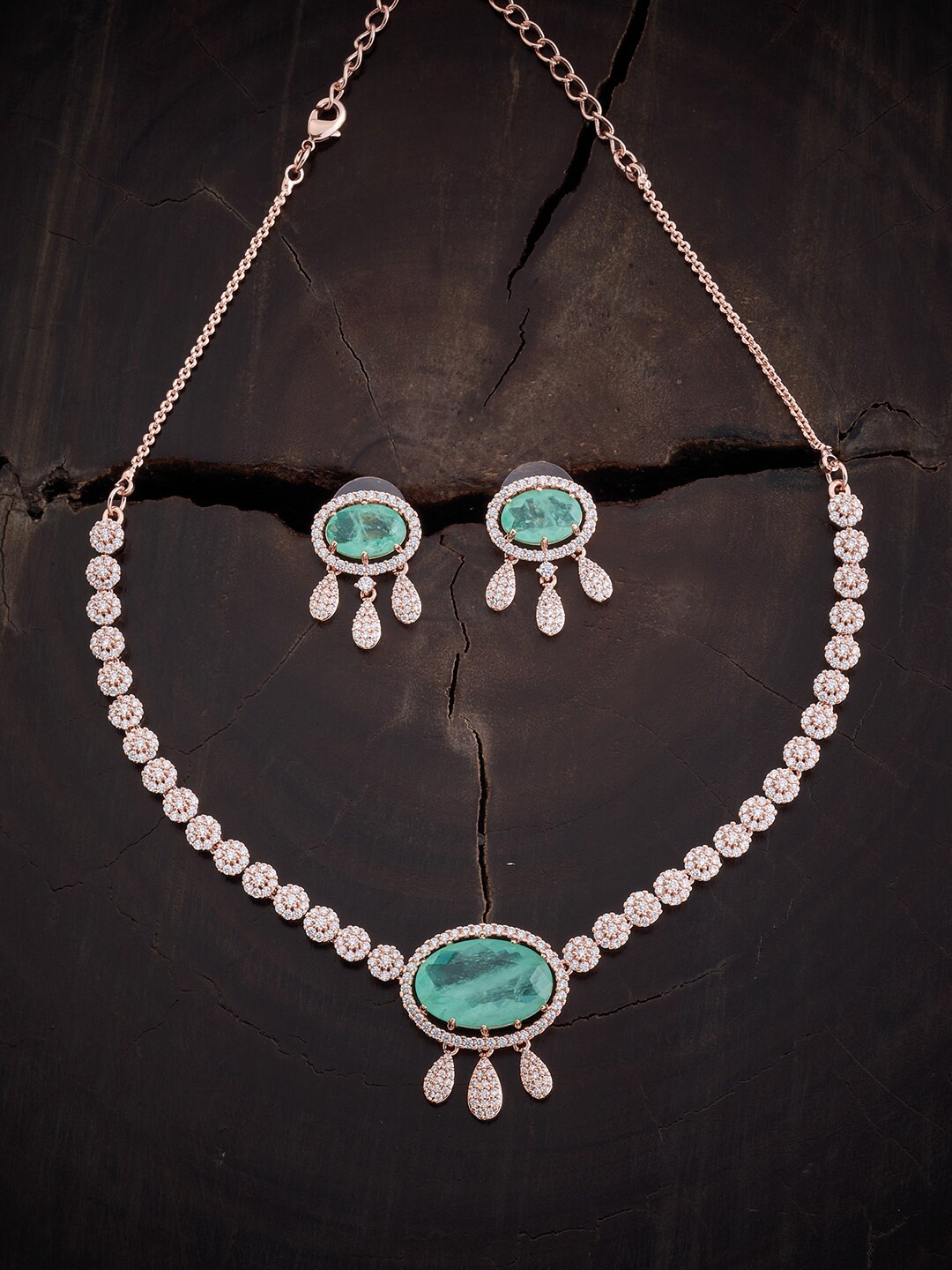 

Kushal's Fashion Jewellery Rose-Gold Plated Sparkling CZ Studded Necklace Set, Sea green