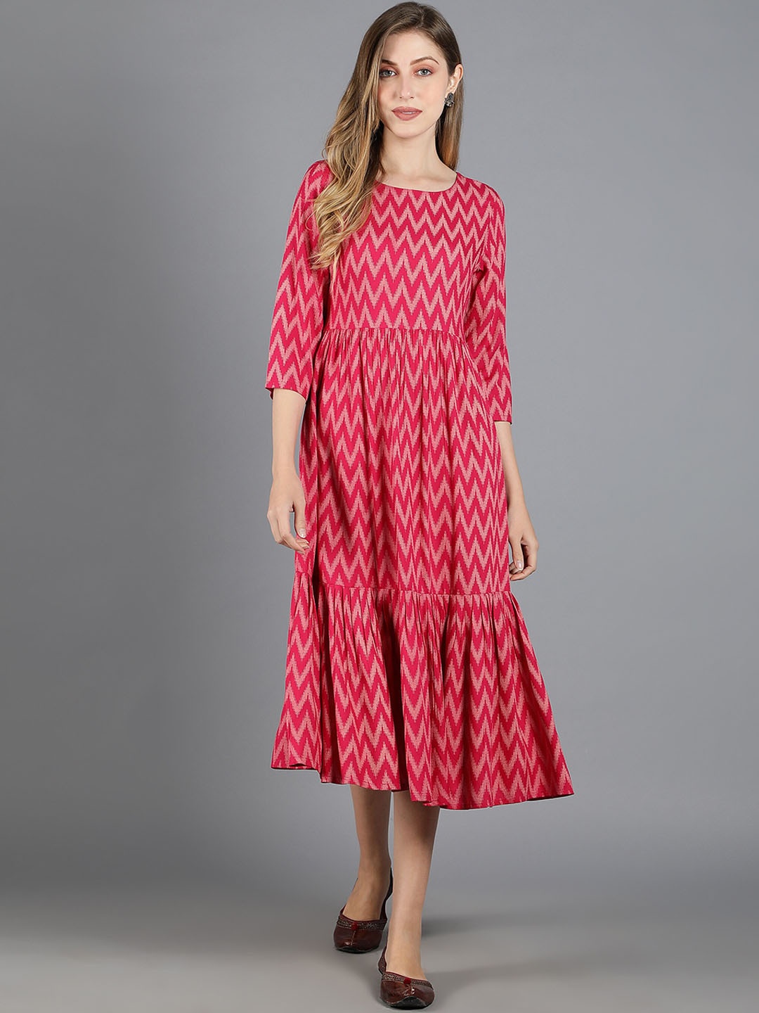 

HERE&NOW Ethnic Motifs Printed Fit & Flare Midi Dress, Pink