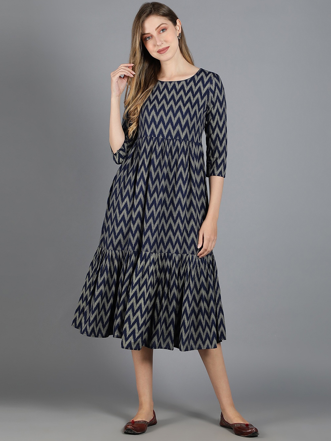 

HERE&NOW Ethnic Motifs Printed Fit & Flare Midi Dress, Navy blue