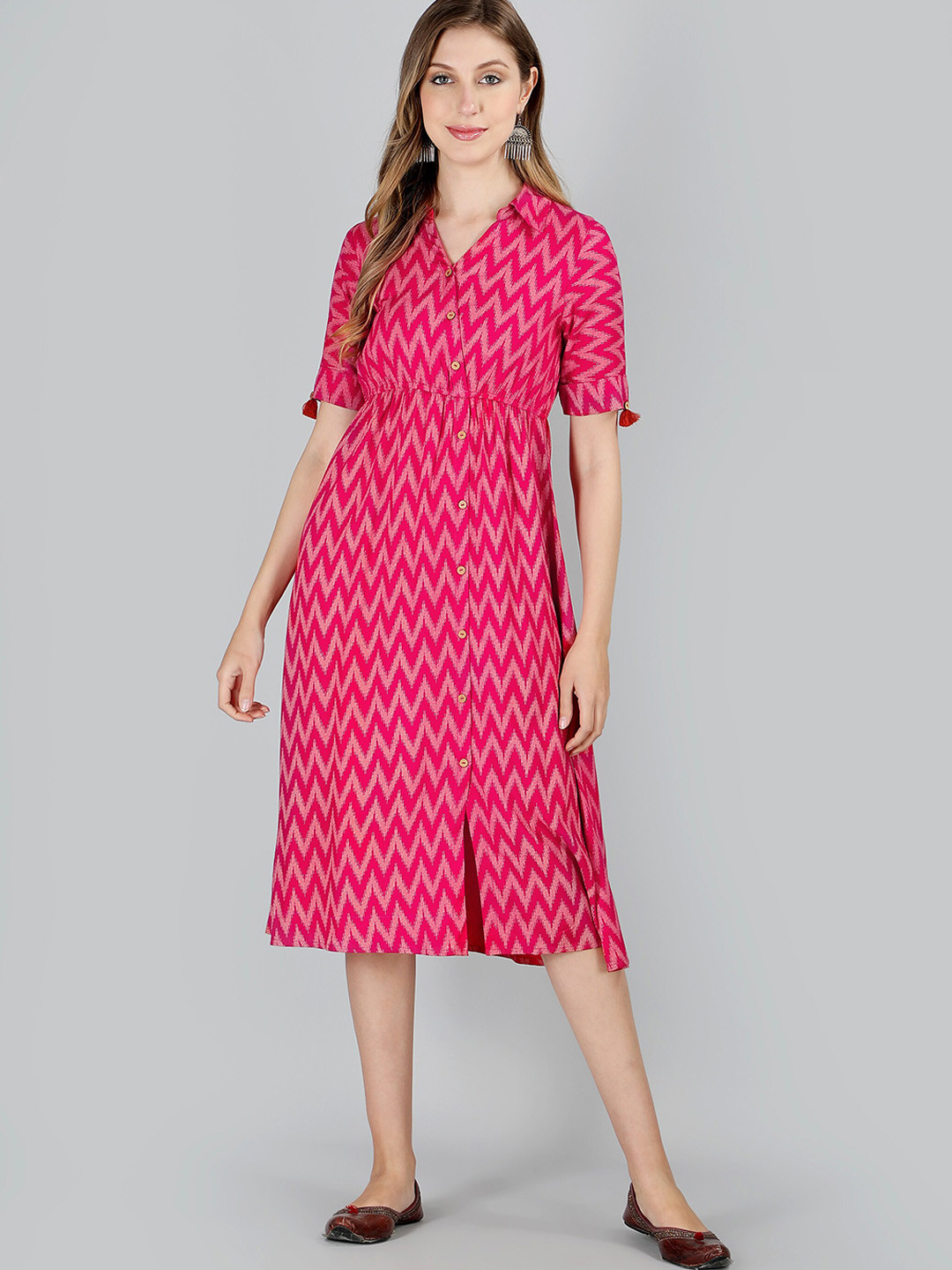 

HERE&NOW Ethnic Motifs Printed A-Line Midi Dress, Pink