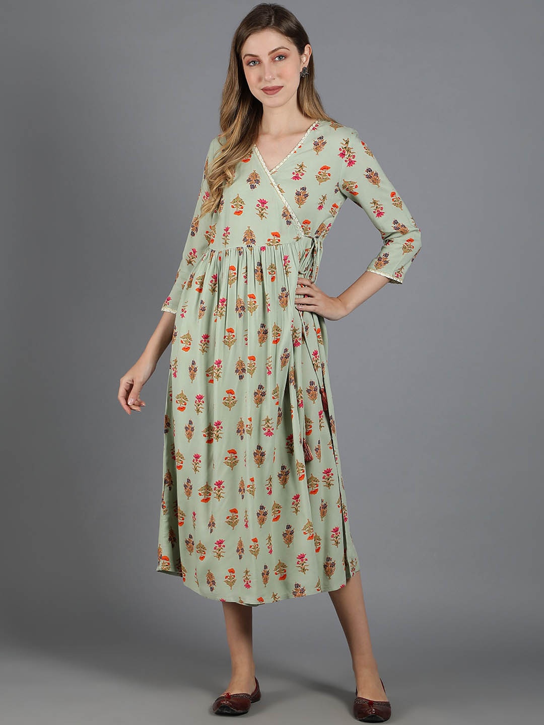 

HERE&NOW Floral Printed Ethnic Angrakha Midi Dress, Green