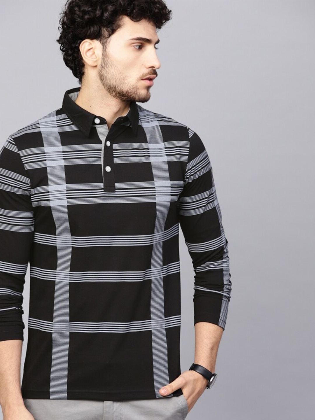 

Eyebogler Striped Polo Collar Full Sleeve Cotton T-shirt, Black