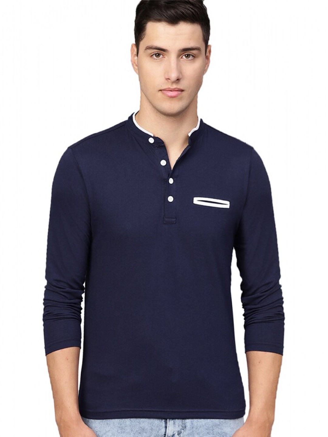 

Eyebogler Mandarin Collar Full Sleeve Cotton T-shirt, Navy blue