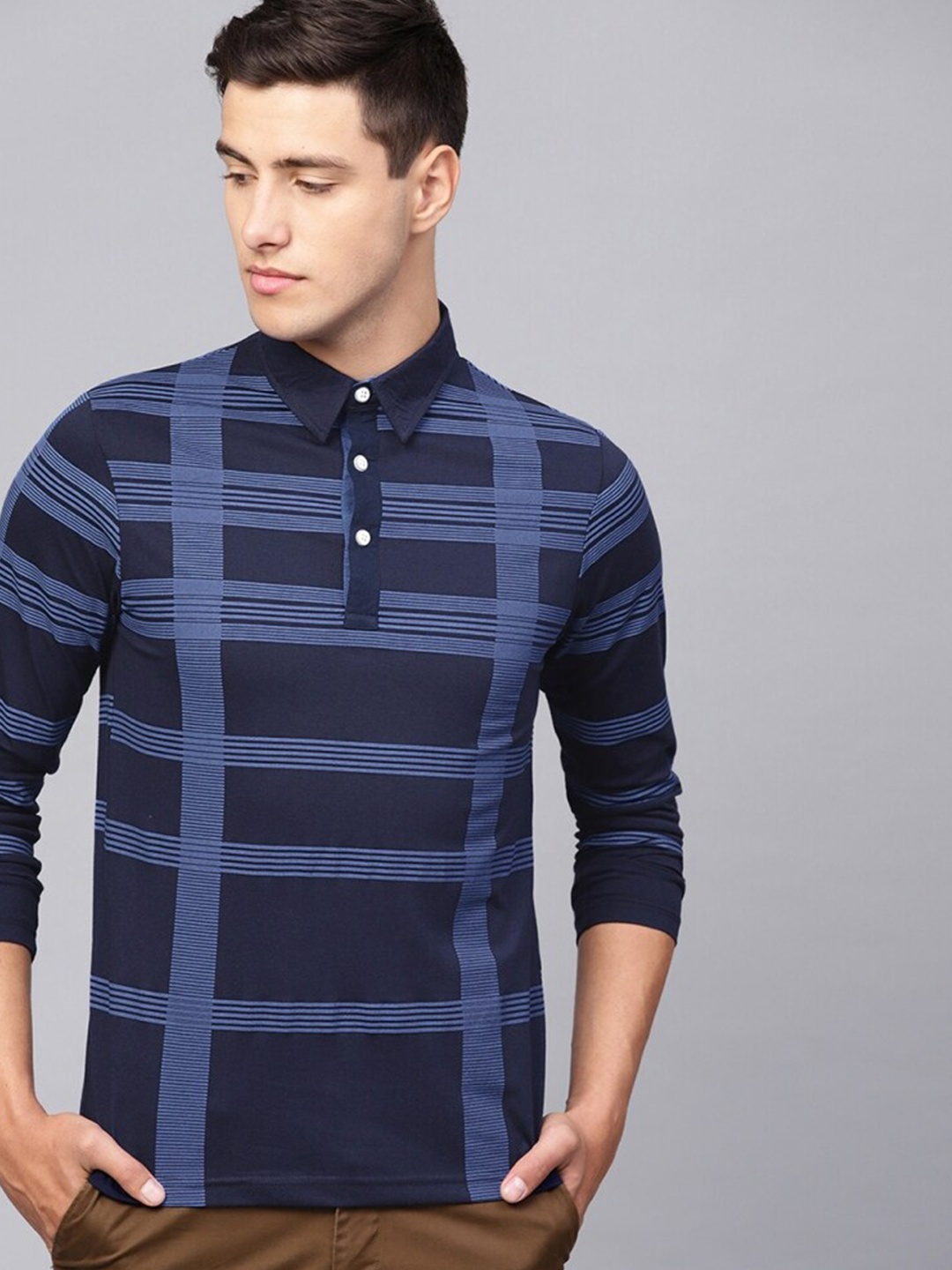

Eyebogler Striped Polo Collar Cotton T-shirt, Navy blue