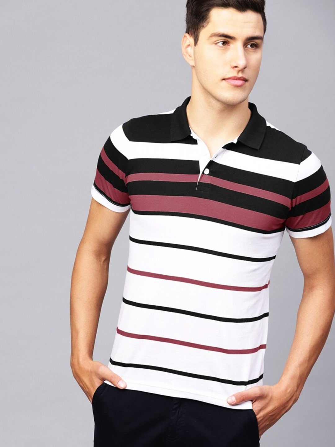 

Eyebogler Striped Polo Collar Cotton T-shirt, Pink