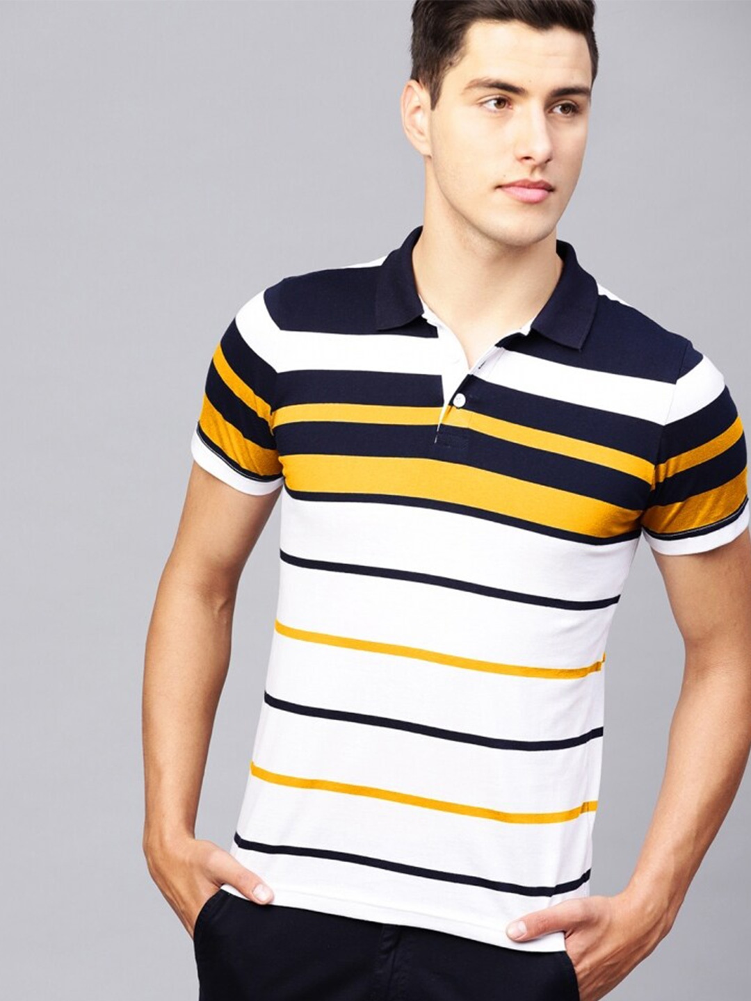 

Eyebogler Striped Polo Collar Half Sleeve Cotton T-shirt, White