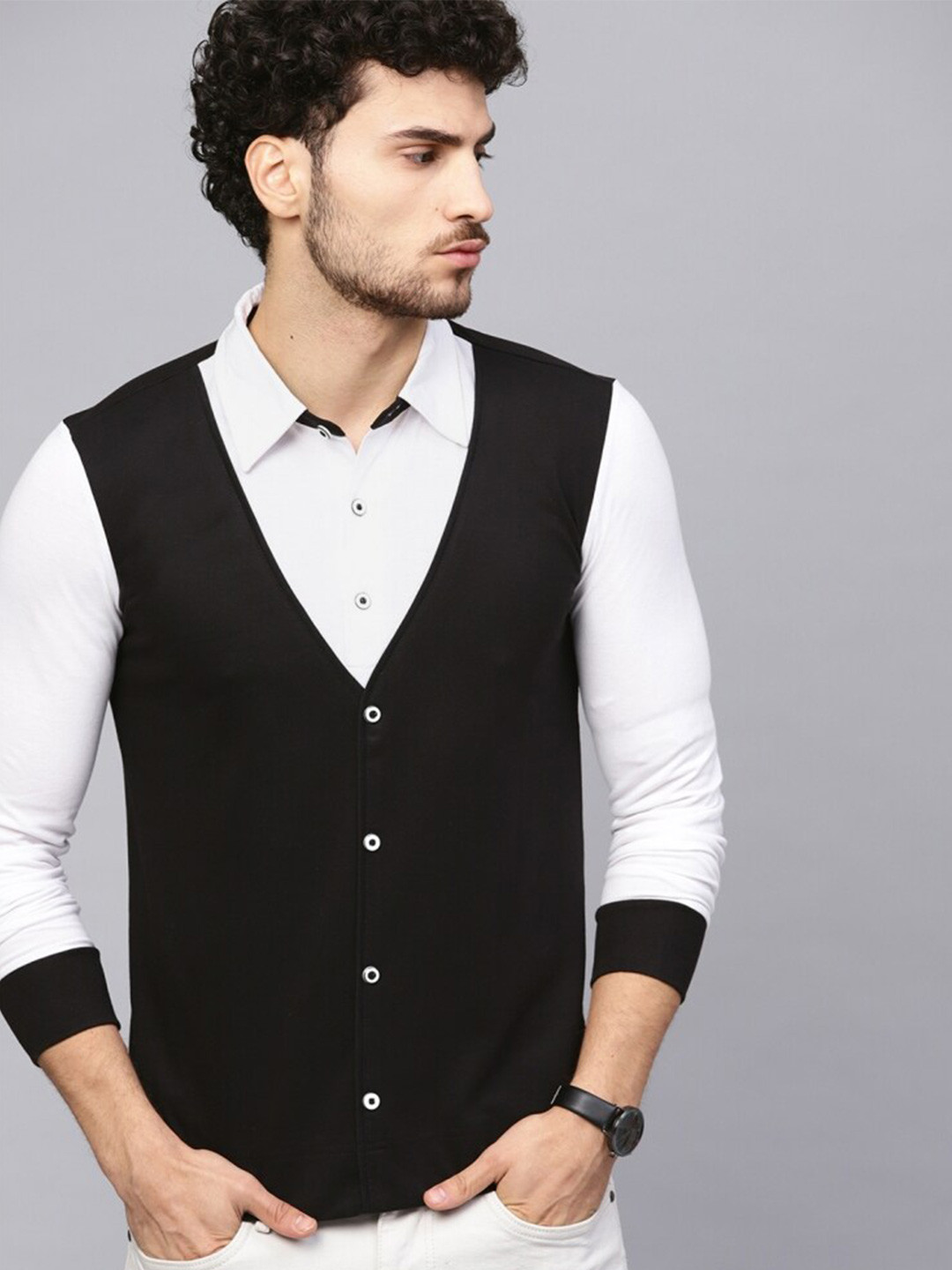 

Eyebogler Colourblocked Slim Fit Cotton Shirt, Black