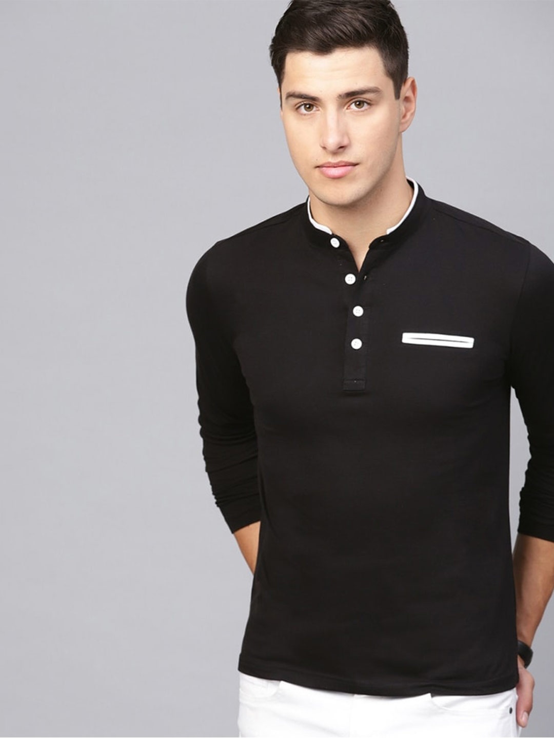 

Eyebogler Mandarin Collar Full Sleeve Cotton T-shirt, Black