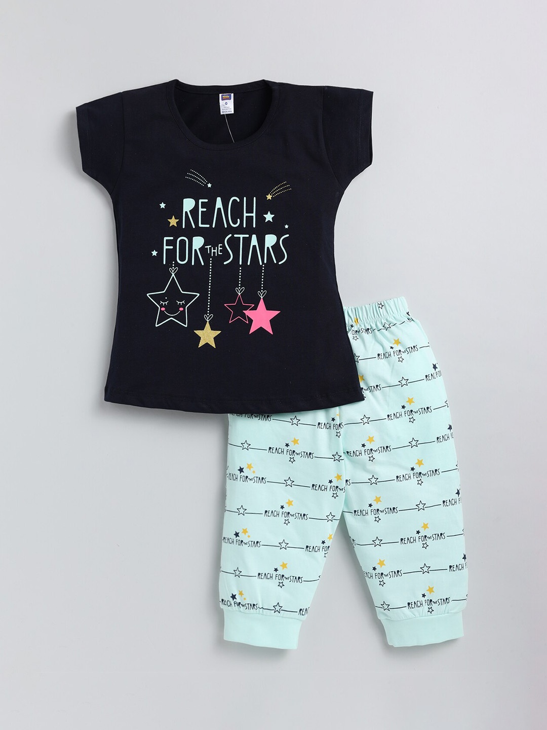 

Nottie Planet Girls Typography Printed Pure Cotton Night Suit, Navy blue