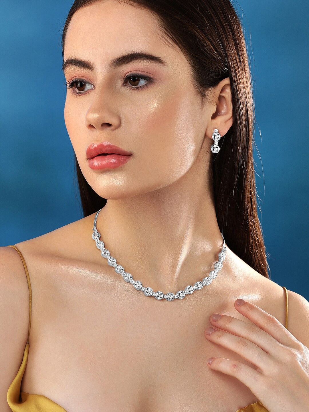 

Rubans Rhodium-Plated CZ-Studded Jewellery Set, Silver
