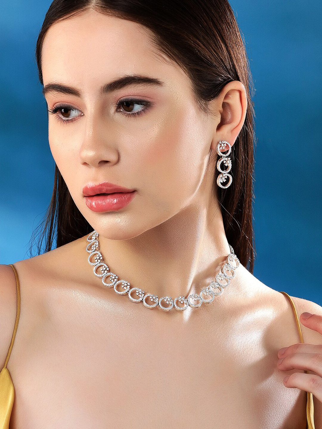 

Rubans Rhodium-Plated CZ-Studded Jewellery Set, Silver