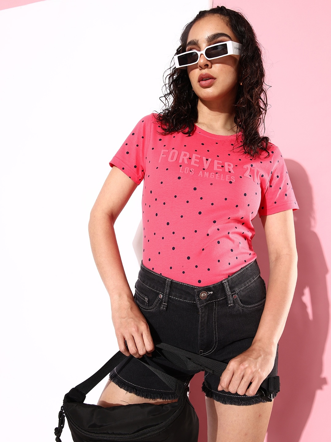 

FOREVER 21 Brand Logo Polka Dot Printed Pure Cotton T-shirt, Coral