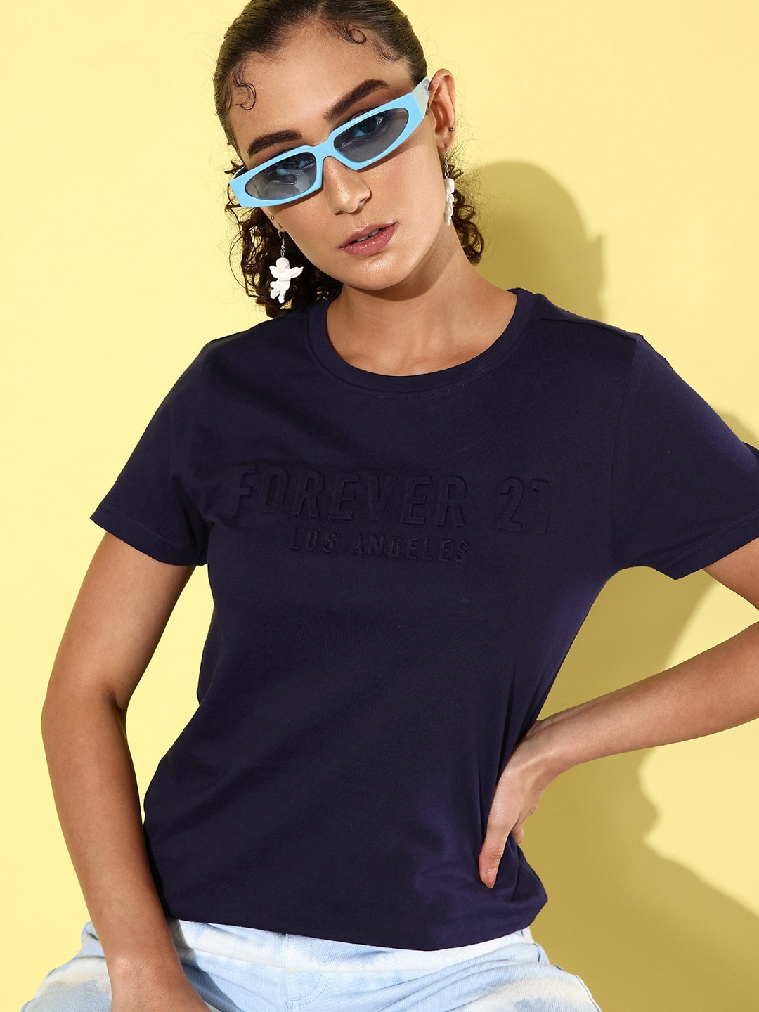 

FOREVER 21 Brand Logo Embossed Pure Cotton Slim Fit T-shirt, Navy blue