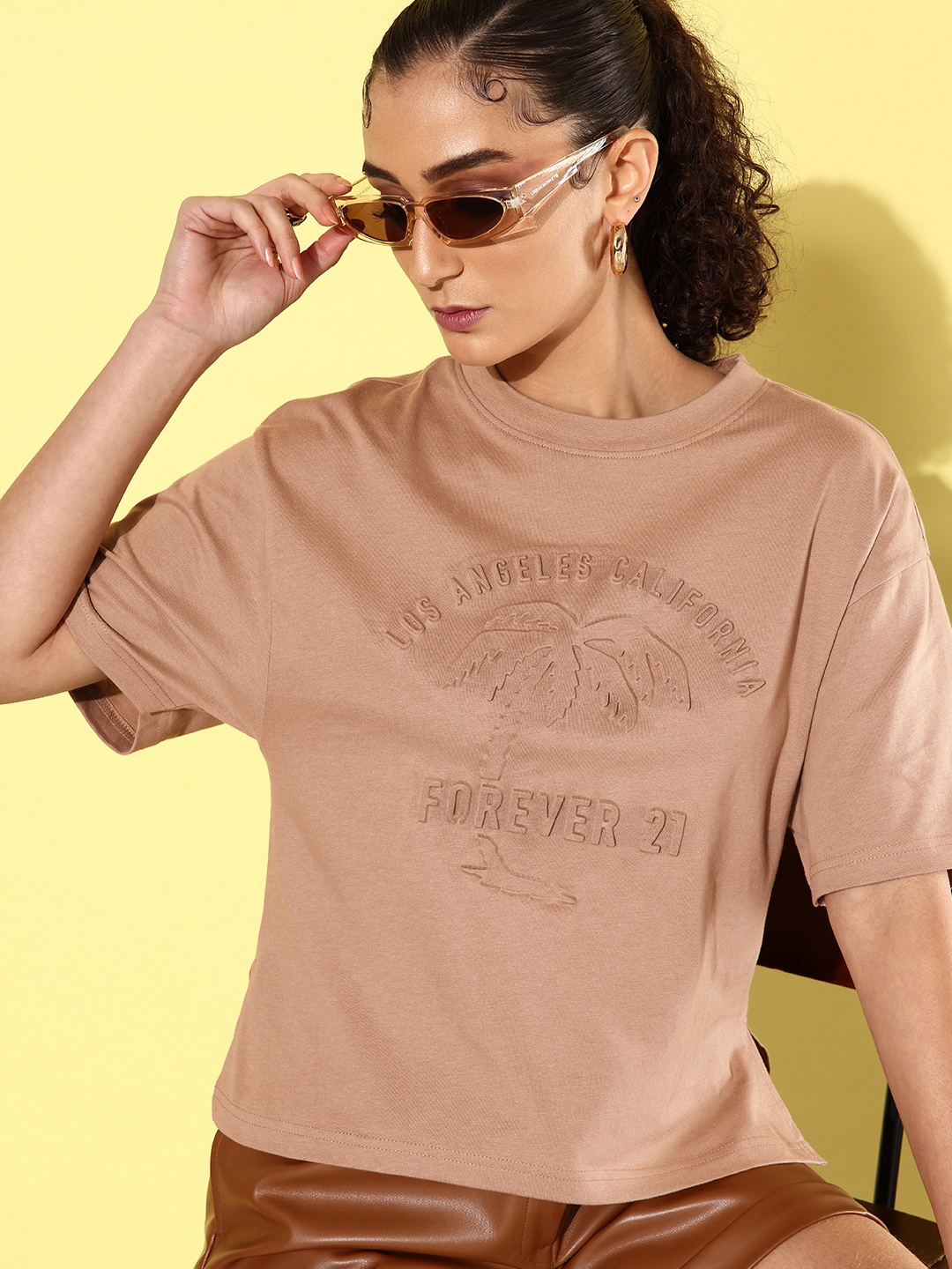 

FOREVER 21 Typography Embossed Pure Cotton T-shirt, Beige