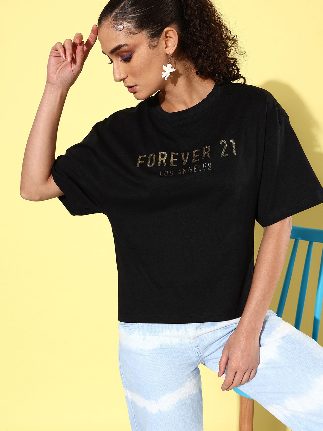 

FOREVER 21 Brand Logo Printed Pure Cotton T-shirt, Black