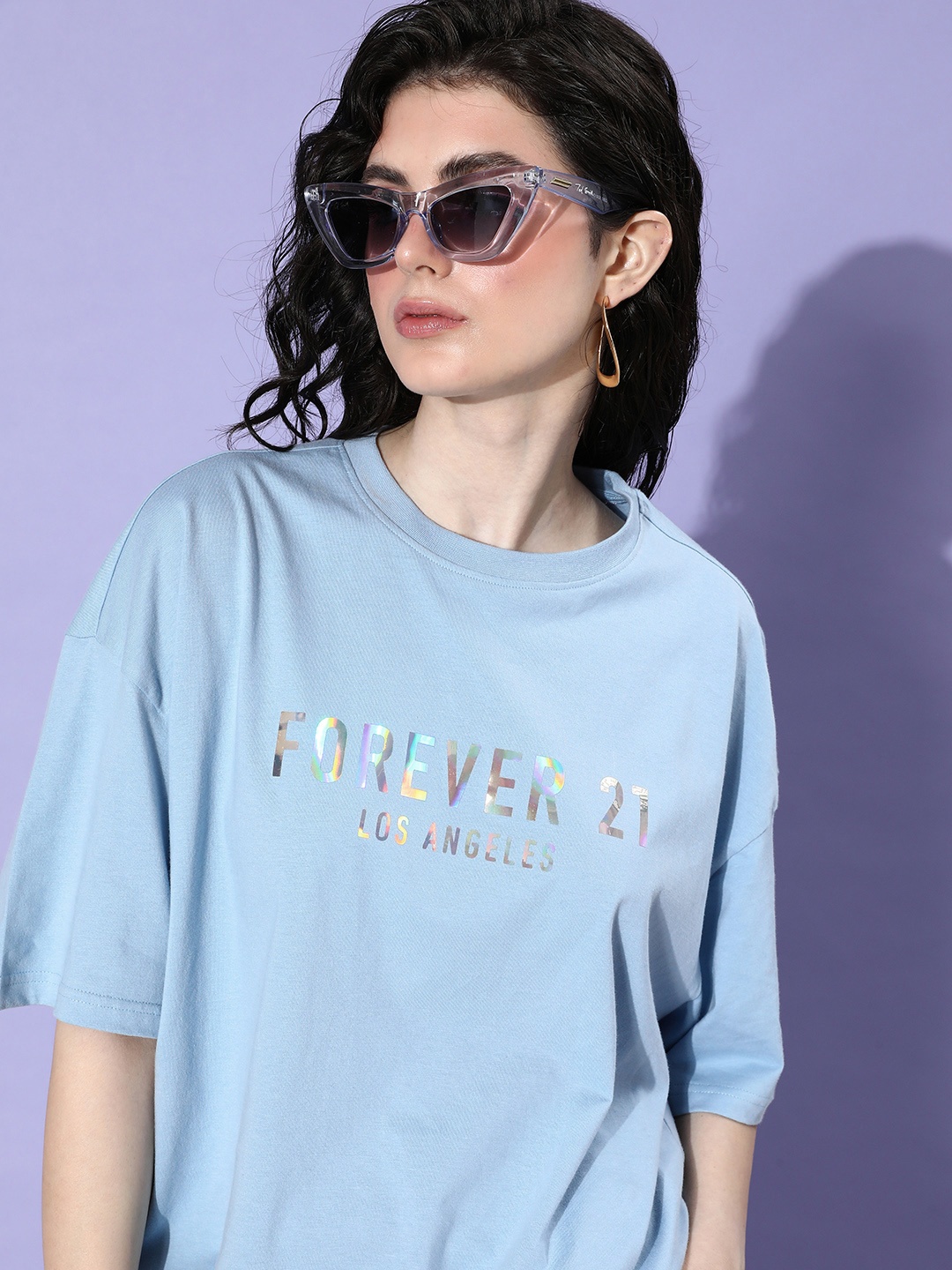 

FOREVER 21 Brand Logo Printed Drop-Shoulder Sleeves Pure Cotton T-shirt, Blue