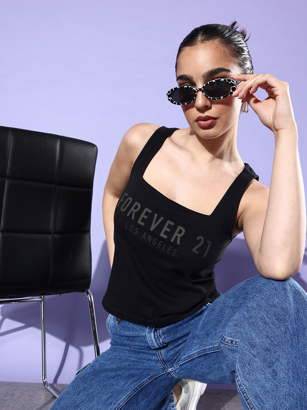 

FOREVER 21 Typography Printed Cotton Tank Top, Black