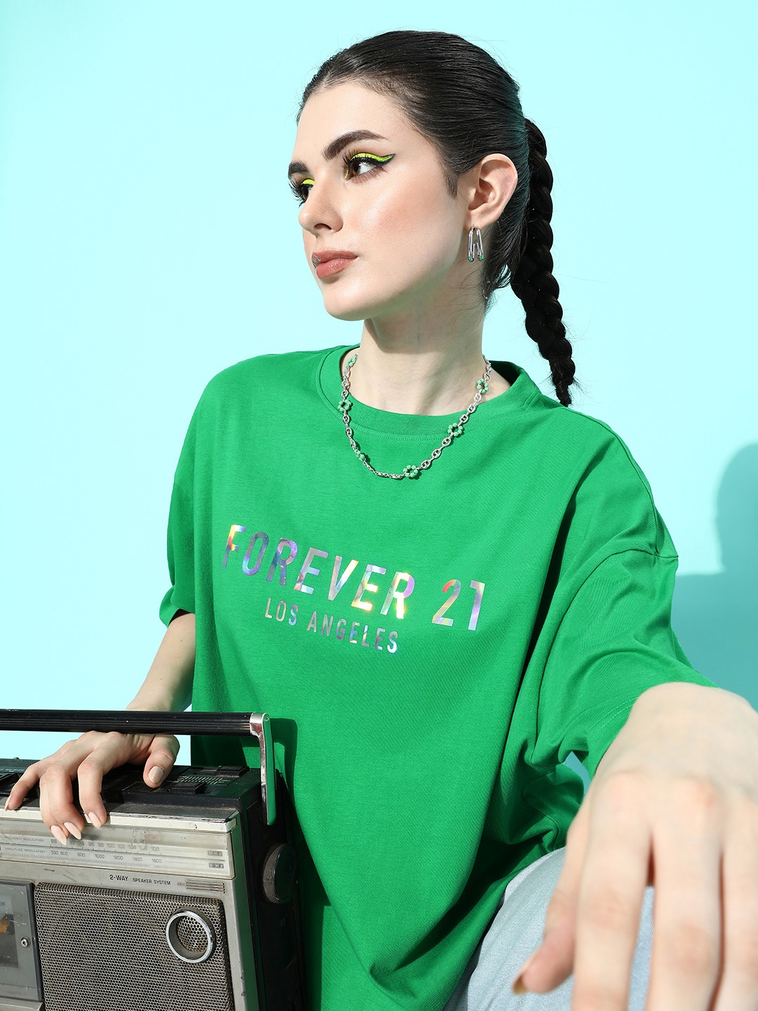 

FOREVER 21 Women Brand Logo Printed Drop-Shoulder Sleeves Pure Cotton T-shirt, Green