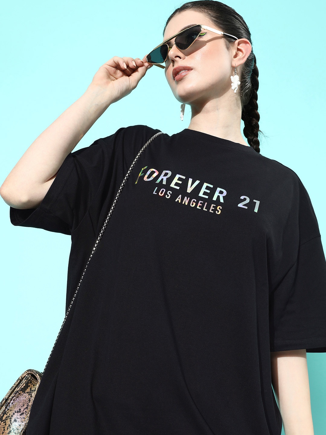 

FOREVER 21 Women Brand Logo Printed Drop-Shoulder Sleeves Pure Cotton T-shirt, Black