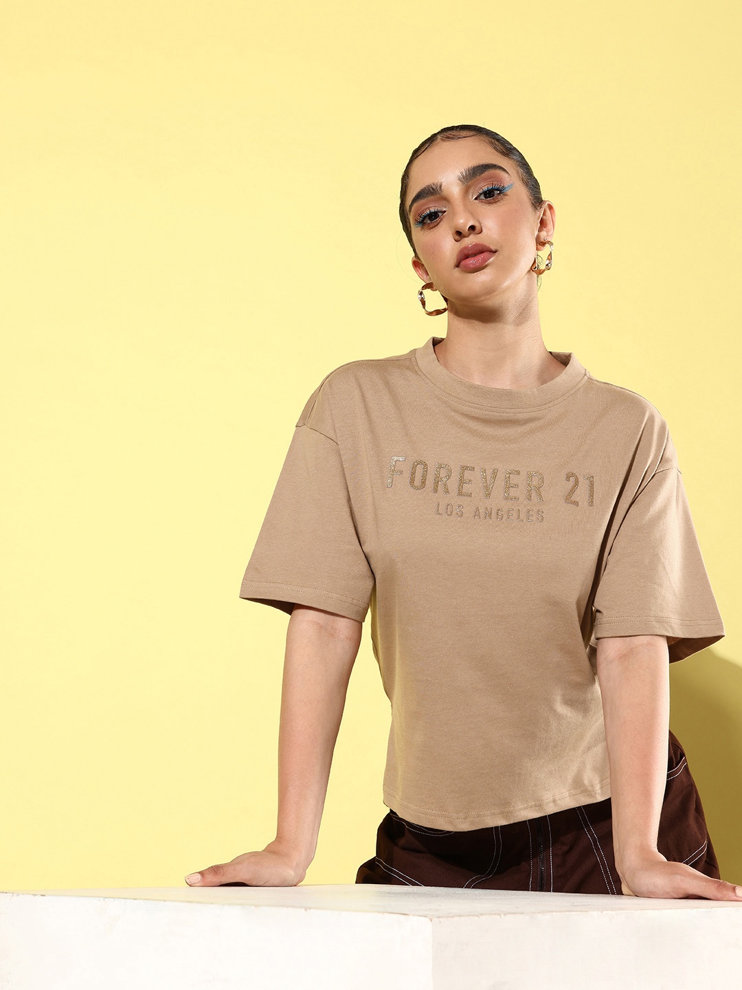 

FOREVER 21 Brand Logo Printed Pure Cotton T-shirt, Beige