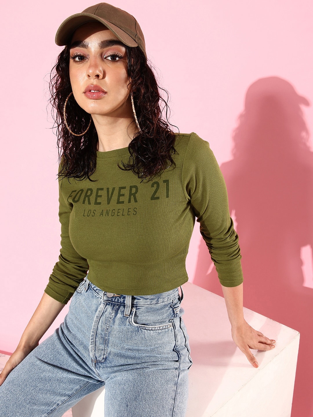 

FOREVER 21 Brand Logo Print & Ribbed Knitted Fitted Crop Top, Olive