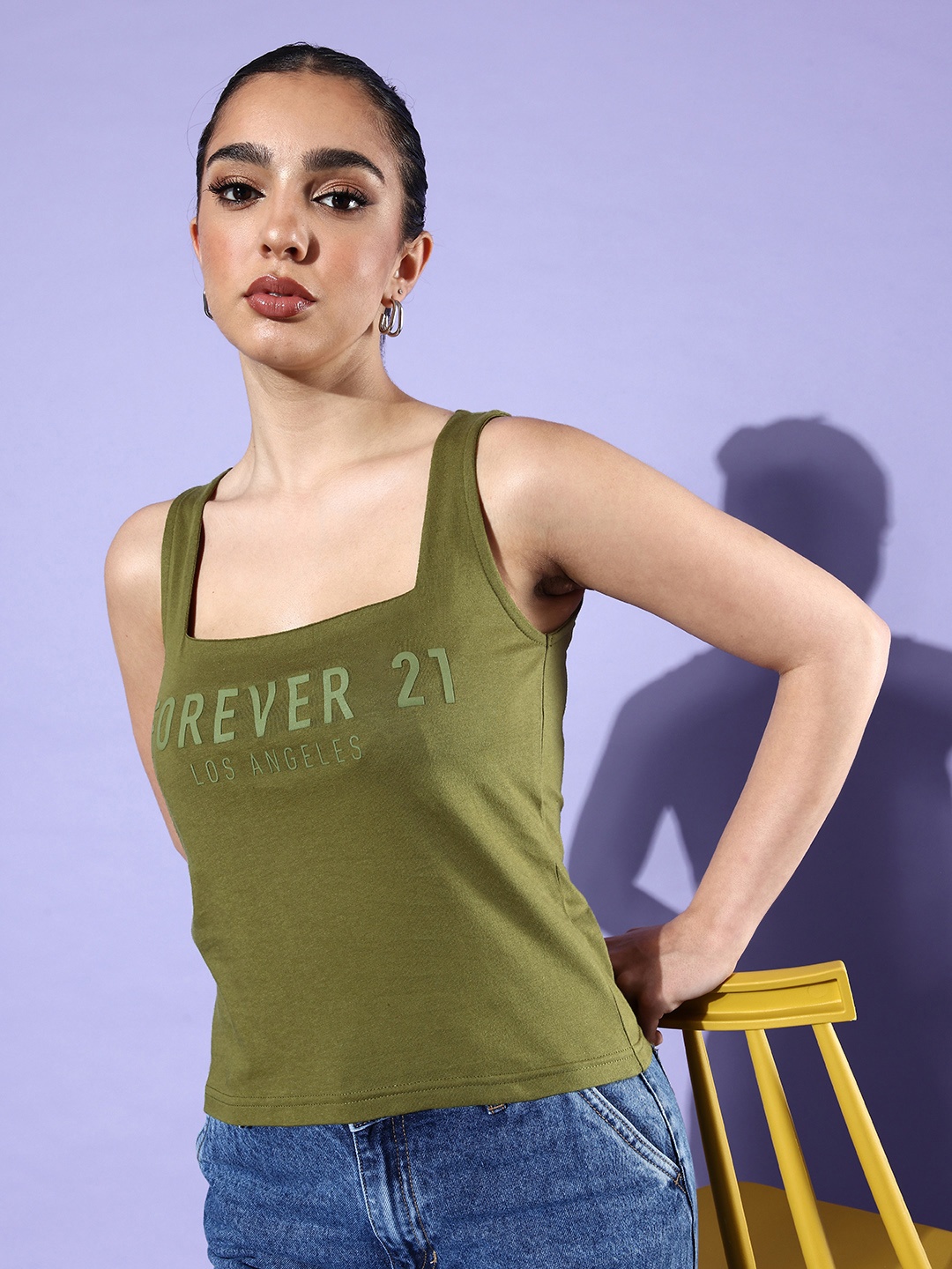 

FOREVER 21 Typography Printed Cotton Tank Top, Olive