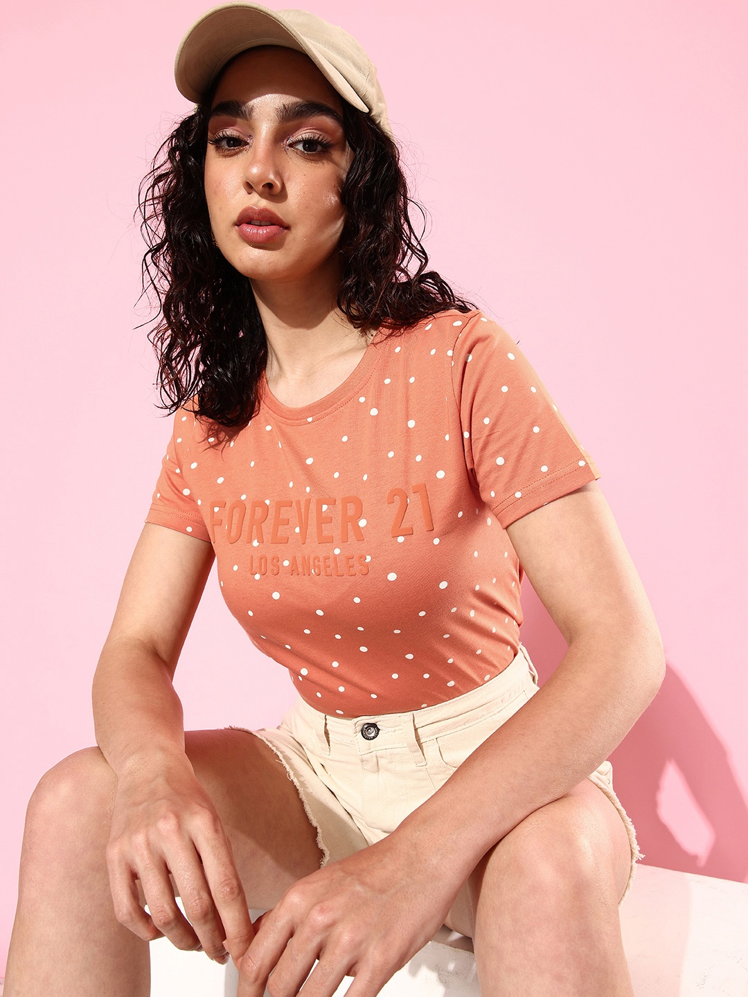 

FOREVER 21 Brand Logo Polka Dot Printed Pure Cotton T-shirt, Peach