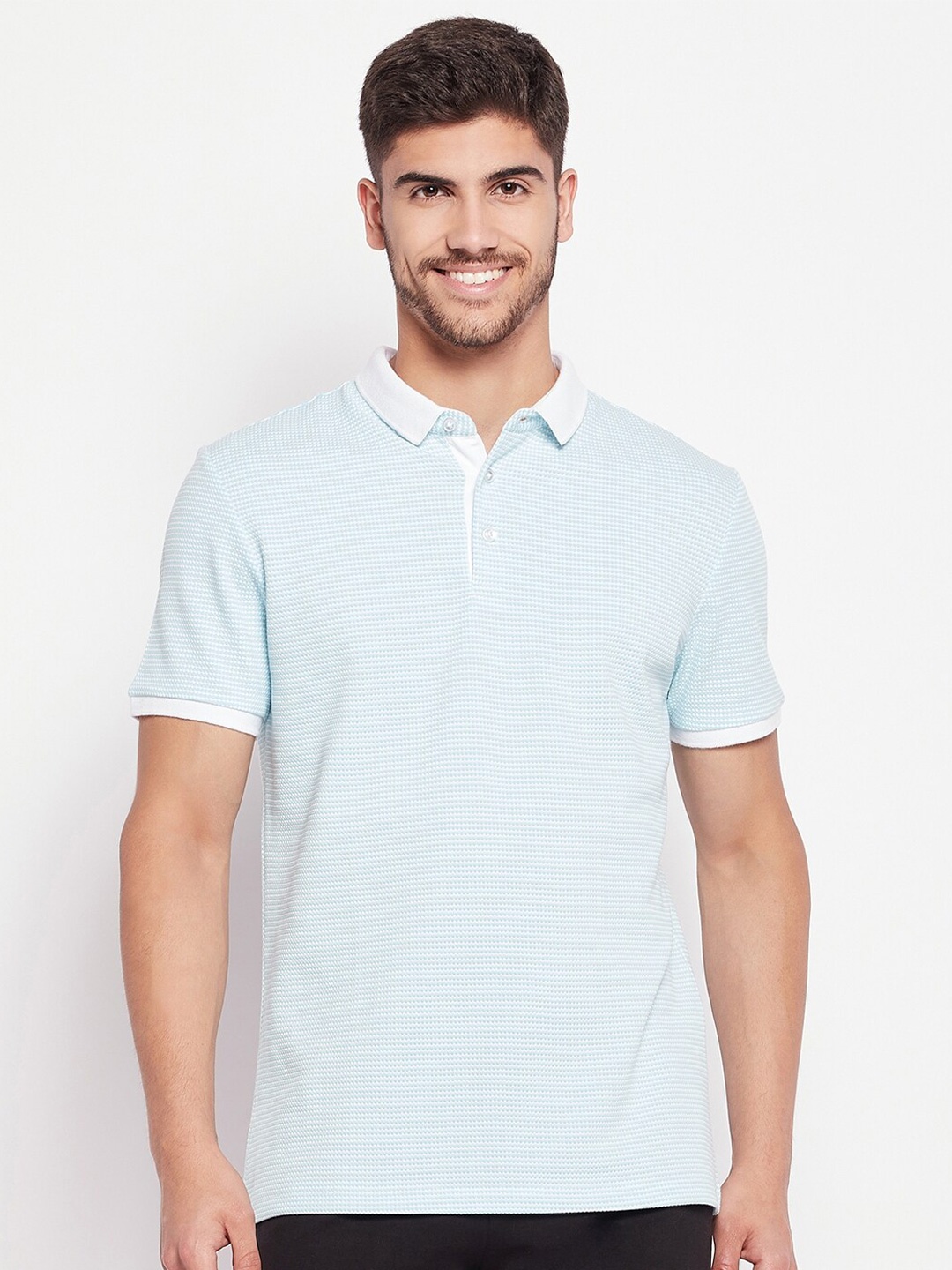 

CAMLA Self Design Polo Collar Cotton T-shirt, Blue
