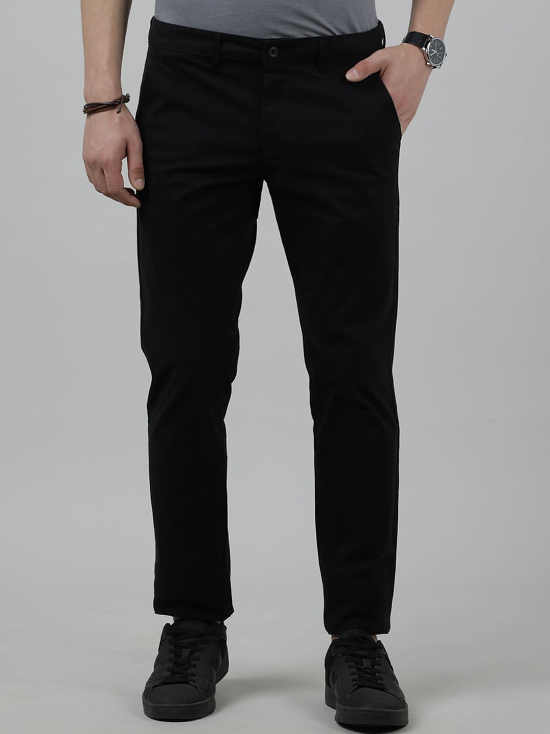 

Crocodile Men Mid-Rise Cotton Slim Fit Regular Trousers, Black