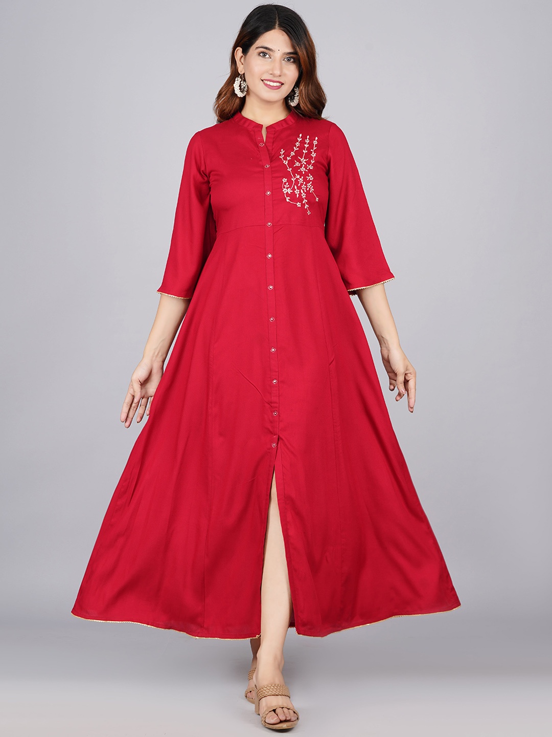 

KALINI Floral Embroidered A-Line Ethnic Dress, Red