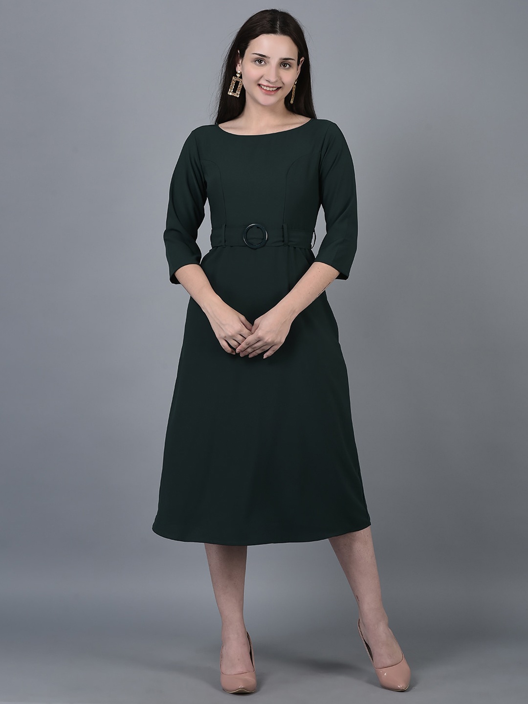 

CANOE Boat Neck A-Line Midi Dress With Belt, Green