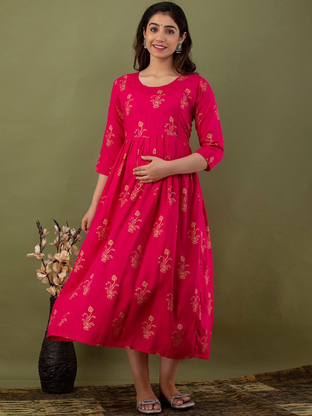 

Mialo fashion Ethnic Motifs Printed Cotton Maternity Ethnic Dress, Pink