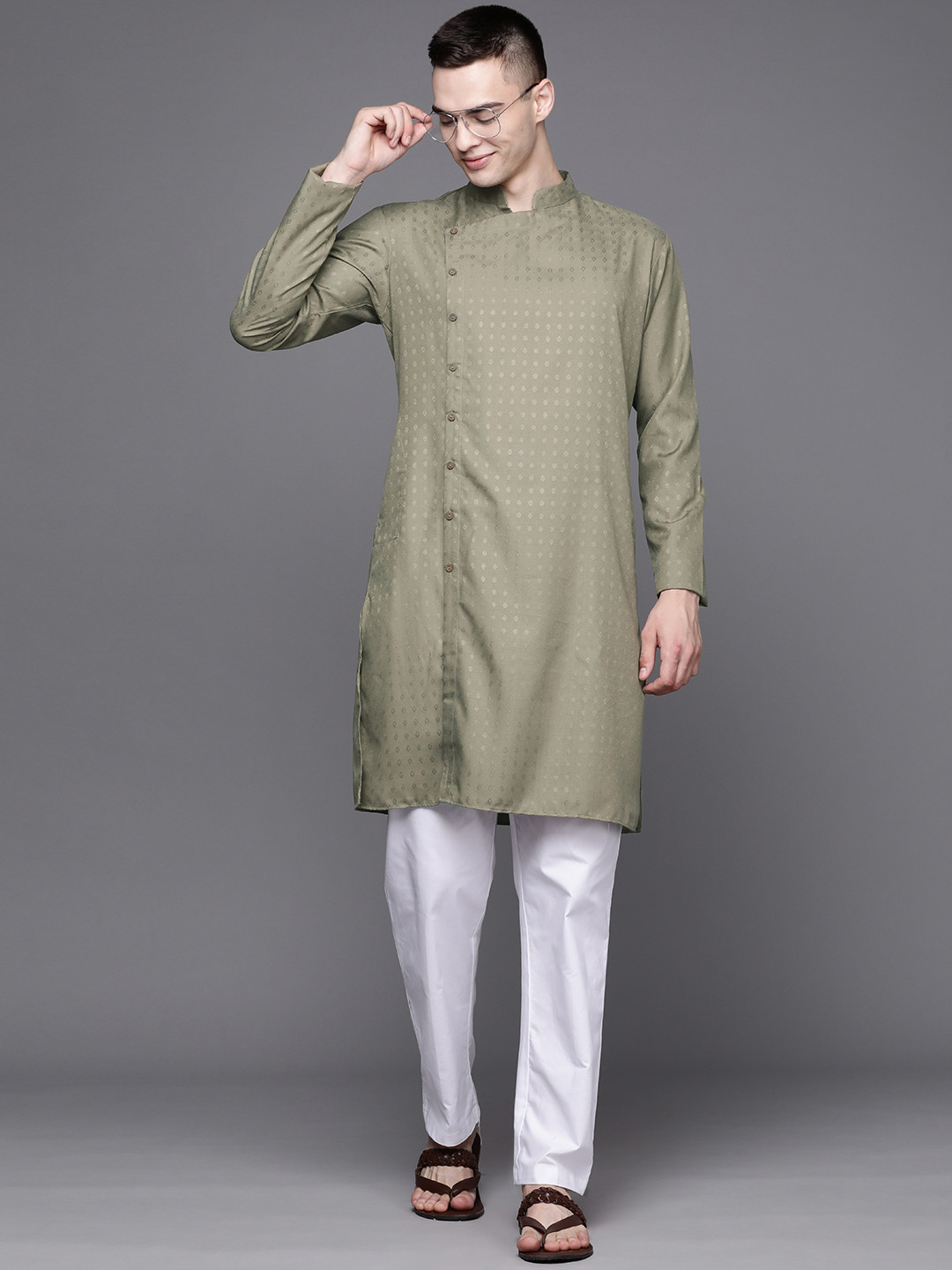 

Inddus Men Woven Design Ethnic Motifs Kurta, Khaki