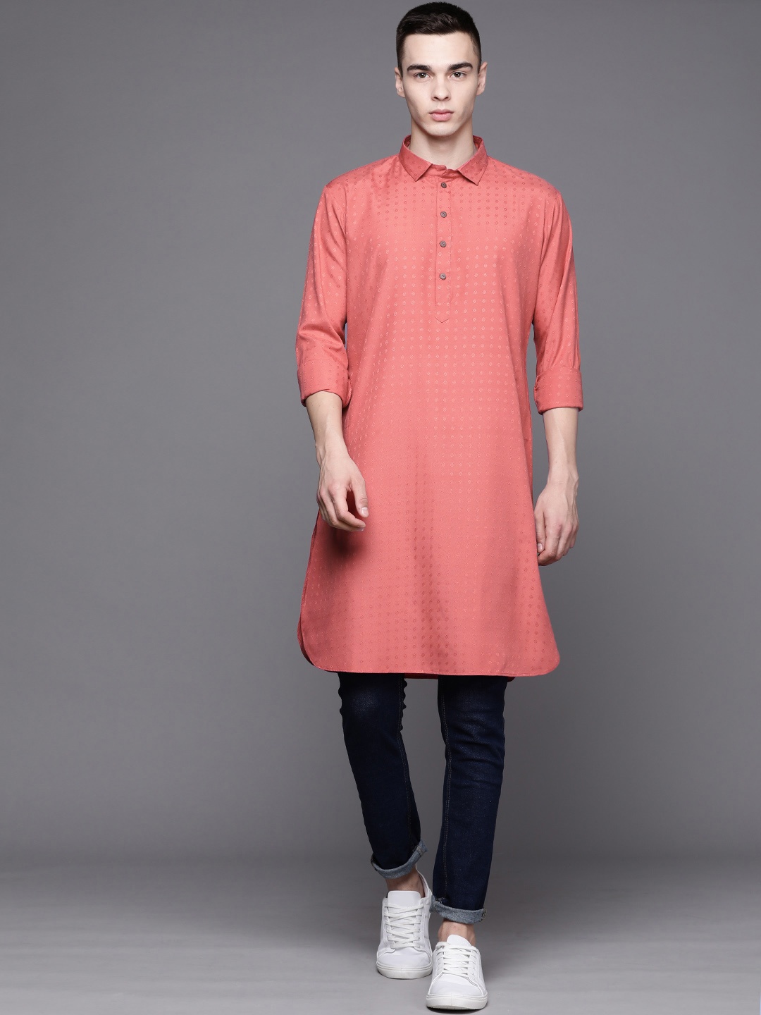 

Inddus Men Woven Design Ethnic Motifs Kurta, Rust
