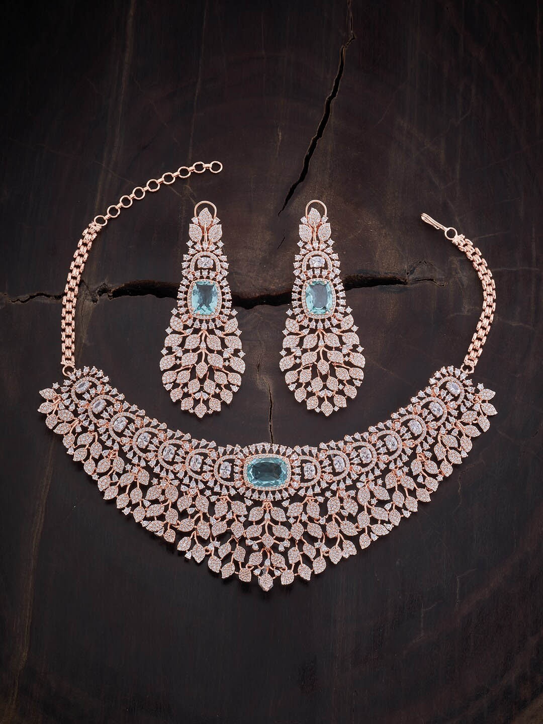 

Kushal's Fashion Jewellery Rose-Gold Plated Sparkling CZ Necklace Set, Sea green