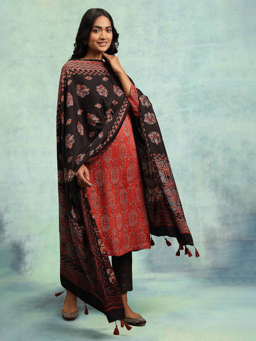 

W Ethnic Motifs The Folksong Collection Printed Viscose Rayon Dupatta, Black