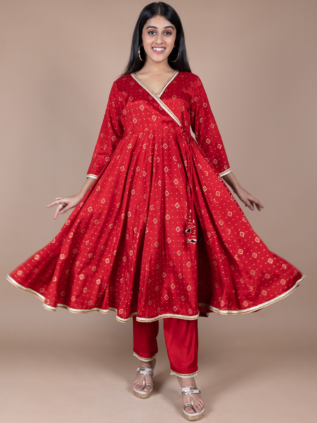 

HERE&NOW Red Ethnic Motifs Printed Angrakha Gotta Patti Kurta With Trousers