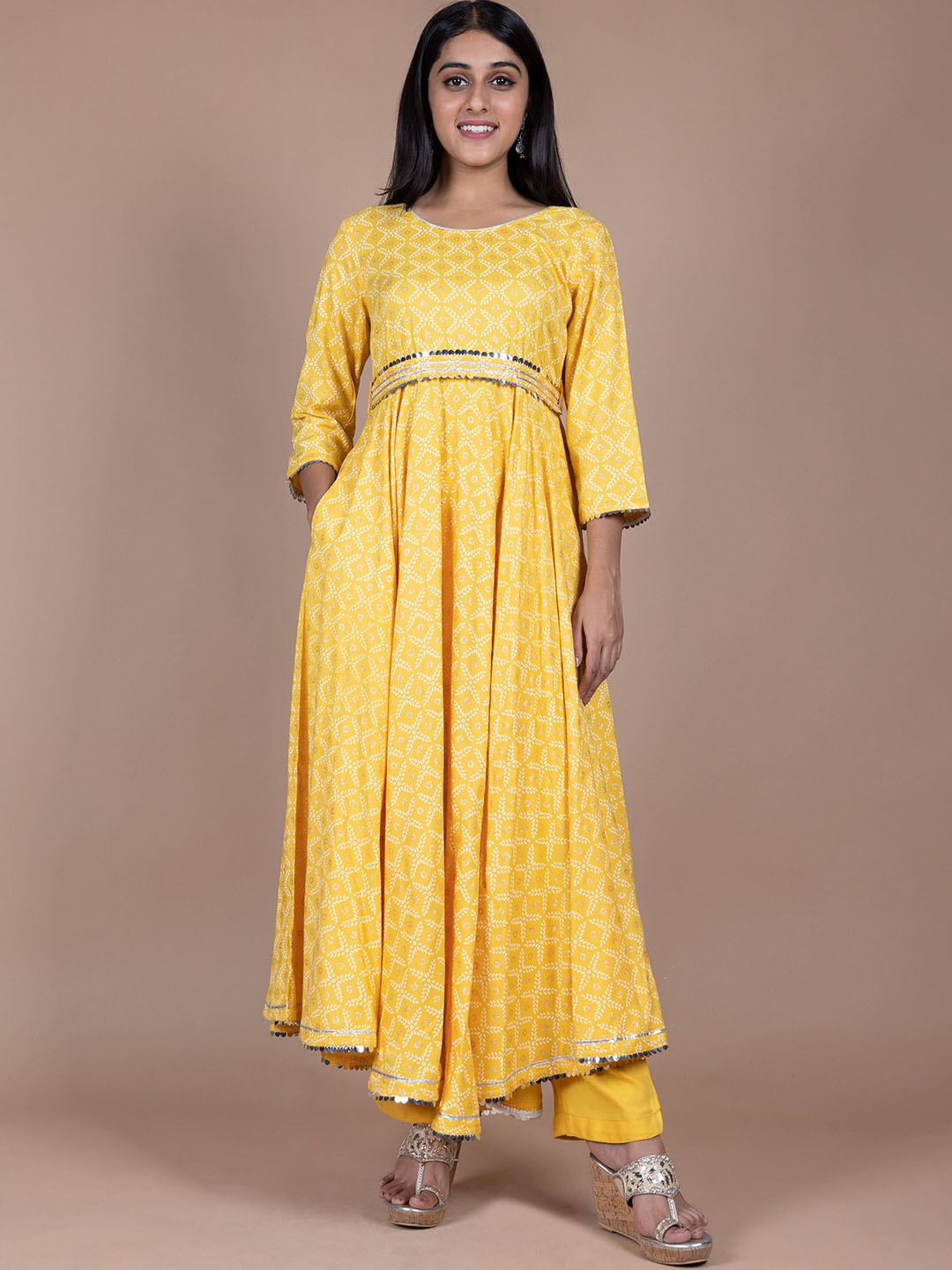 

HERE&NOW Ethnic Motifs Printed Anarkali Gotta Patti Kurta with Palazzos, Yellow