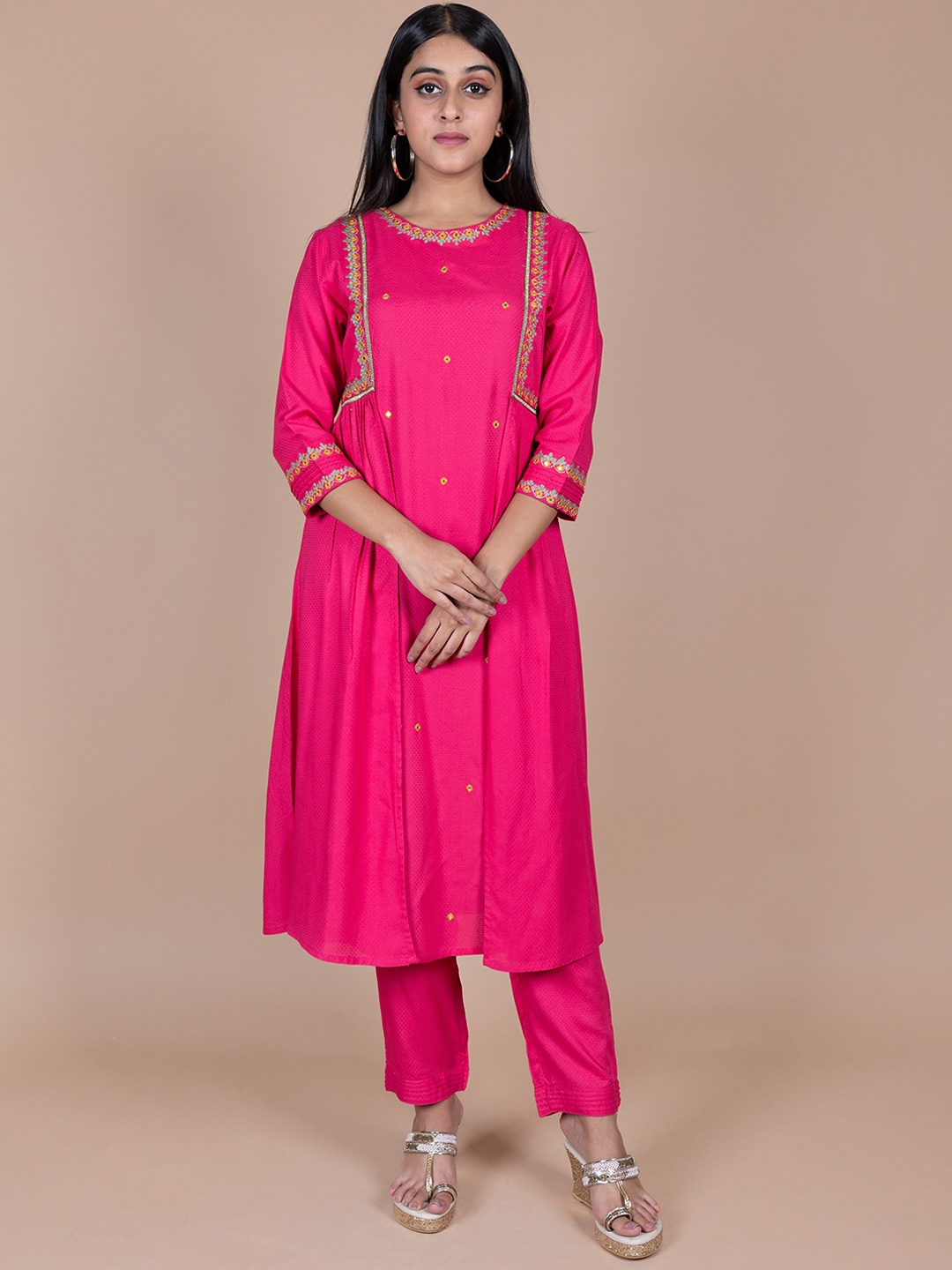 

HERE&NOW Ethnic Motifs Embroidered Anarkali Kurta with Trousers, Pink