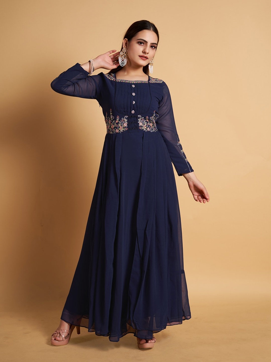 

LABEL D11 Square Neck Embroidered Georgette Maxi Ethnic Dress, Blue