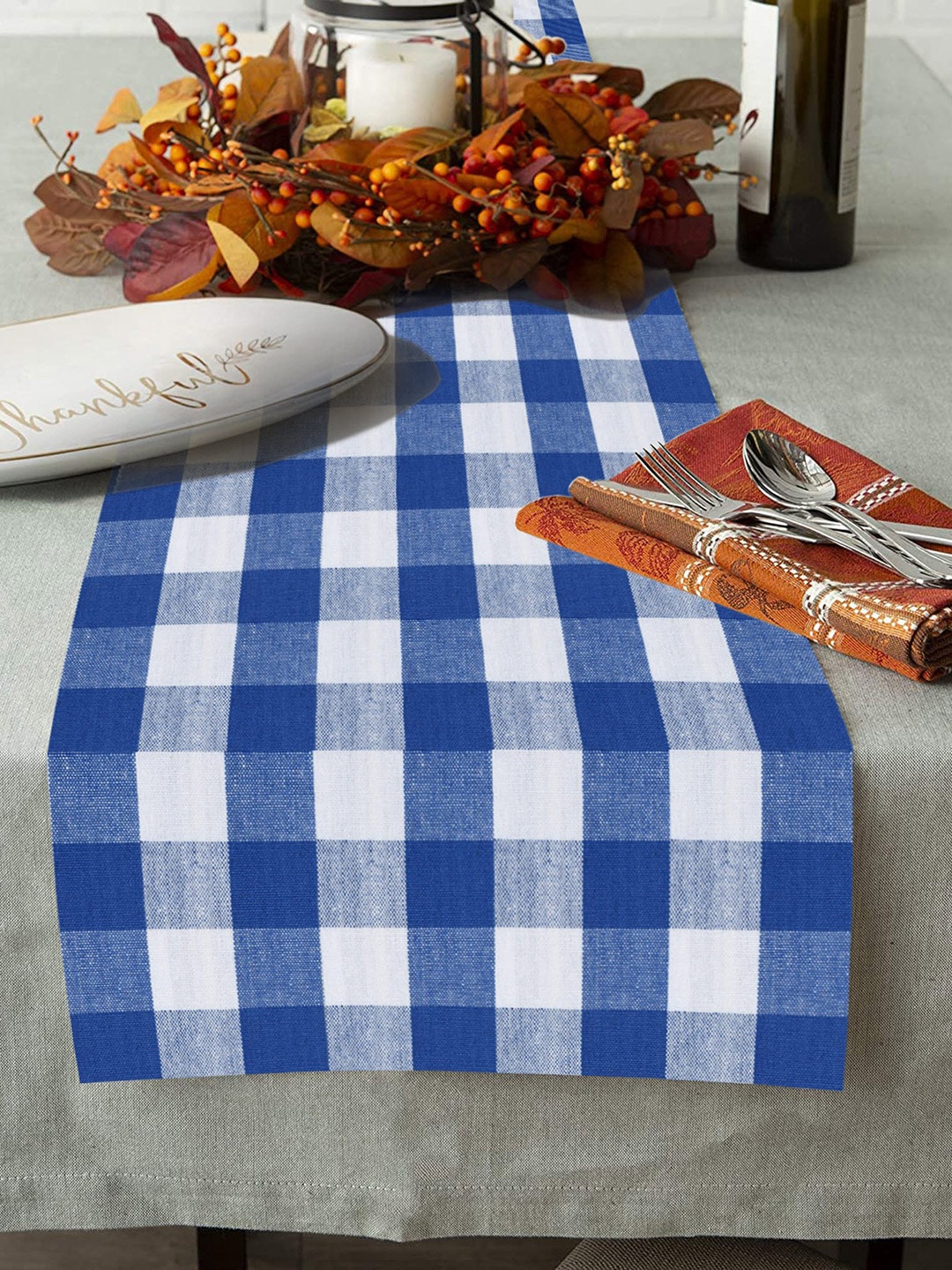 

Lushomes White & Blue 2-Pieces Checked Pure Cotton Table Runners