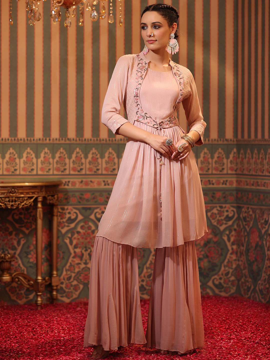 

SCAKHI Floral Embellished Georgette Kurti With Sharara, Peach