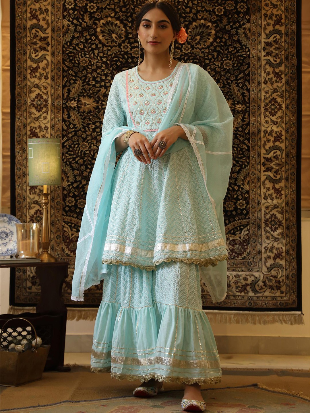 

SCAKHI Floral Chikankari Embroidered Pure Cotton Kurti With Sharara & Dupatta, Blue