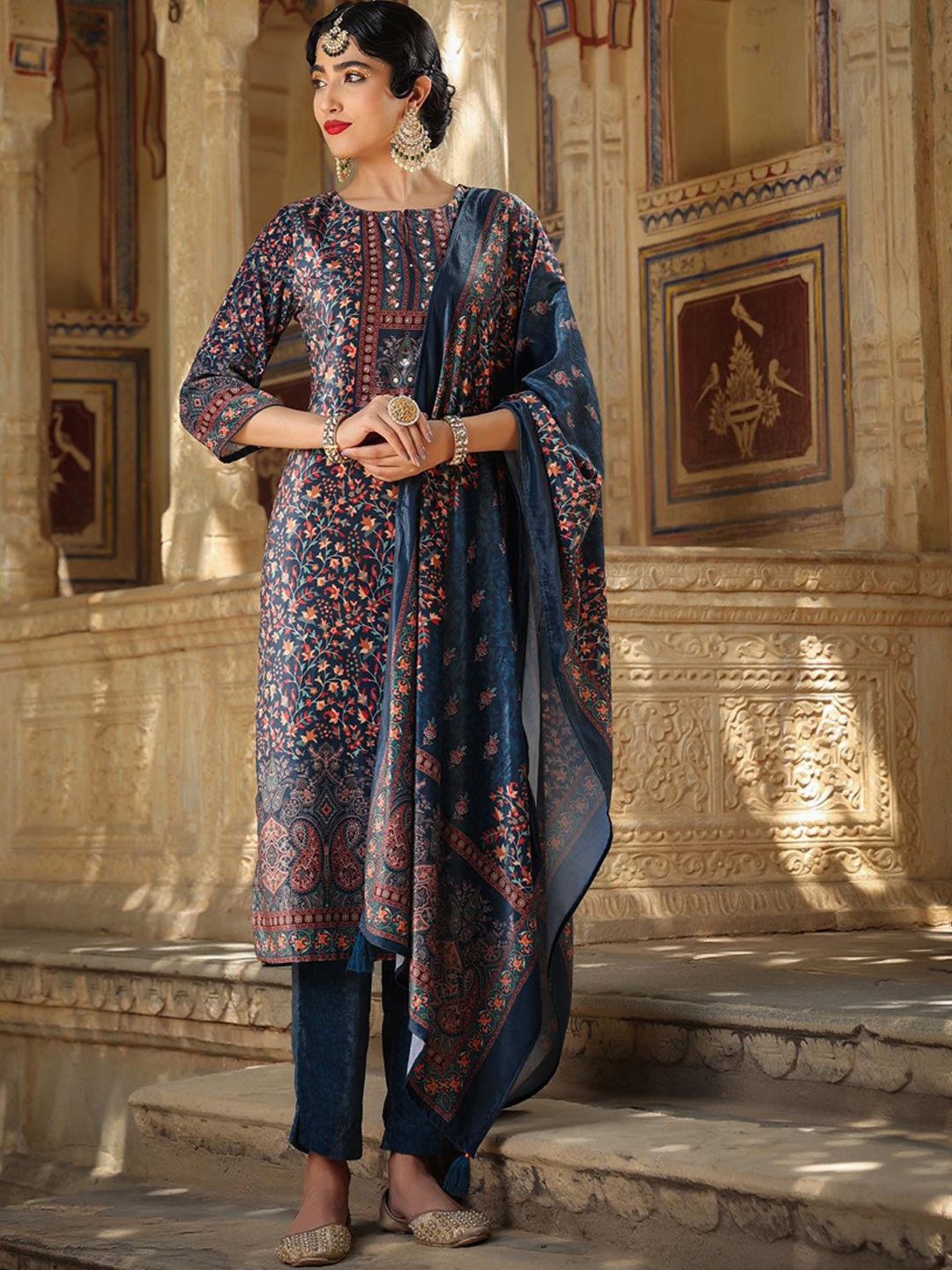 

SCAKHI Floral Printed Beads and Stones Velvet Kurta with Trousers & With Dupatta, Navy blue