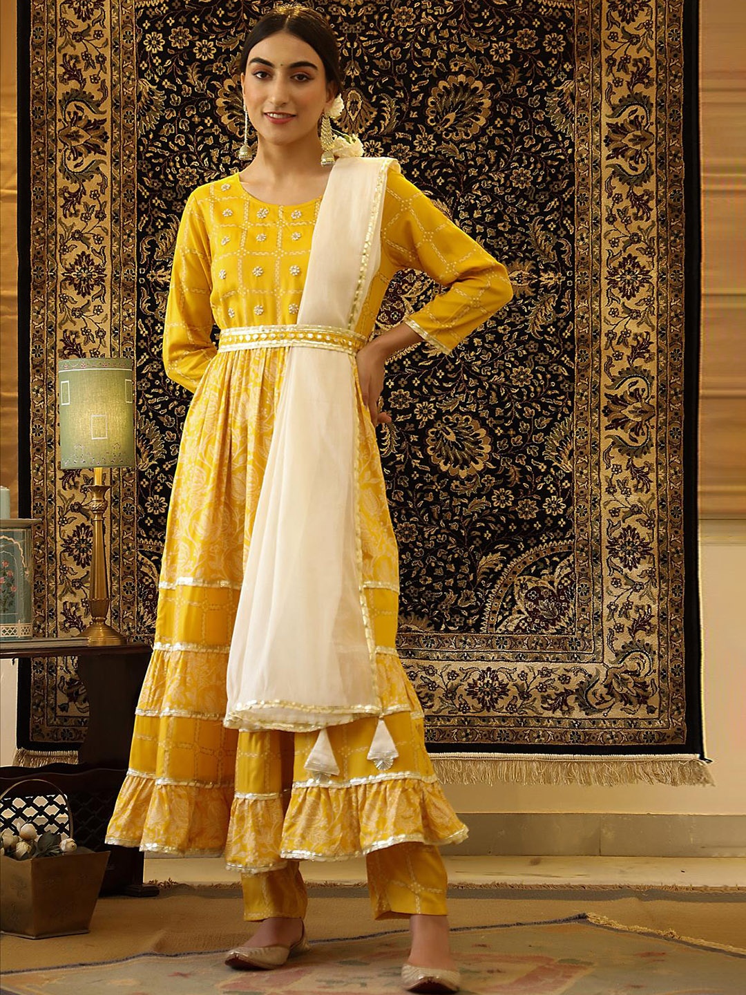 

SCAKHI Floral Printed Regular Anarkali Patti Pure Cotton Kurta with Trousers & Dupatta, Yellow