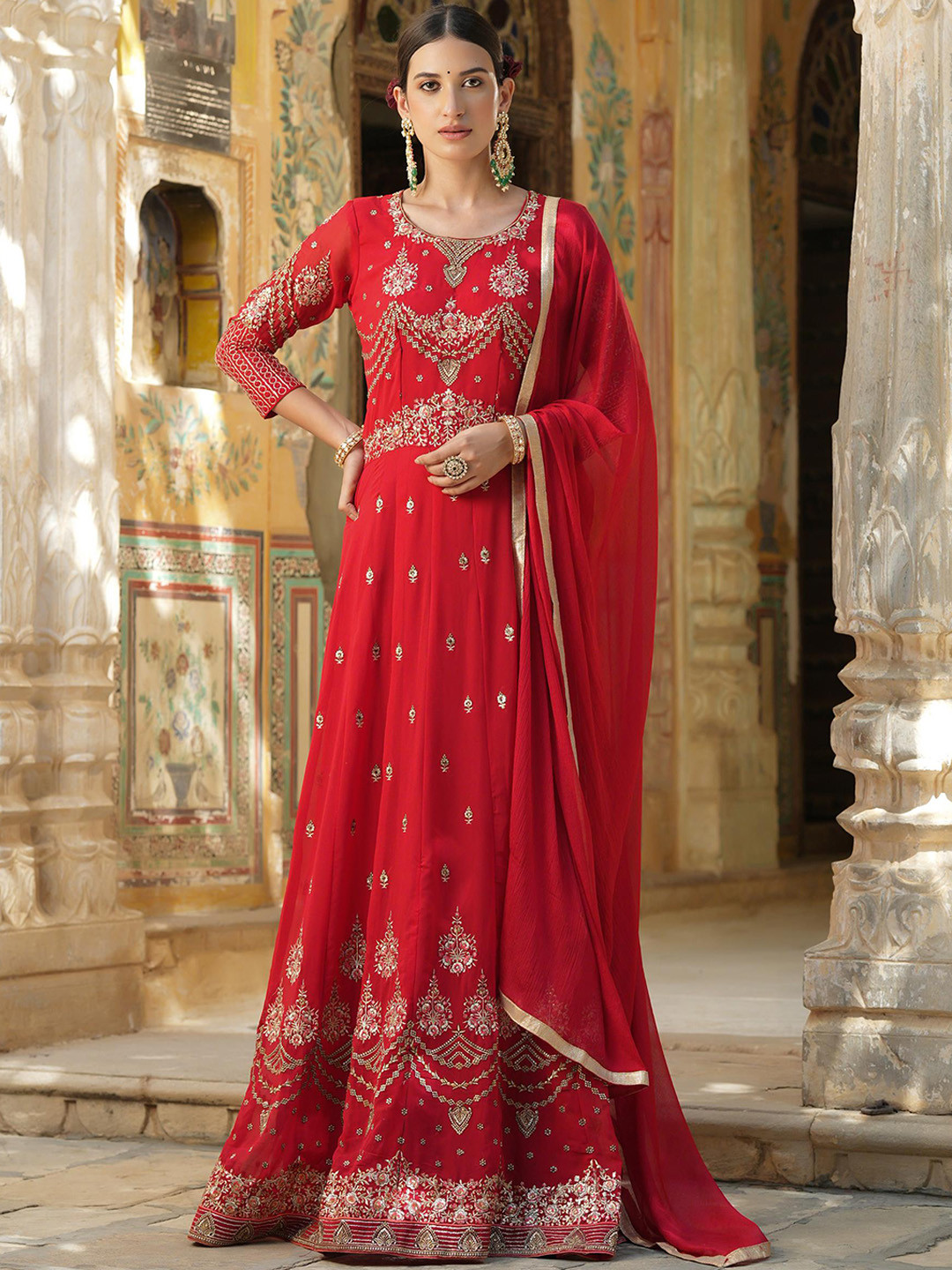 

SCAKHI Ethnic Motif Embroidered Panelled Anarkali Kurta With Trousers & Dupatta, Red